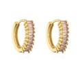 Detail view of 18K gold plated hoop earrings with pink baguette-cut cubic zirconia - Pink