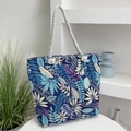 Ethnic style dark blue tote bag with leaf print and rope handles for women - Large Blue Flower