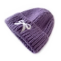 Kids purple knit beanie featuring white bow embroidery and warm ribbed texture - Purple