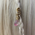 Detail of gold spiral hair cuff with pink teardrop pendant on braided blonde hair - Light Pink Pendant