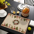 Christmas placemat with Santa Claus and reindeer on beige base with red checkered border - Red Grid Santa
