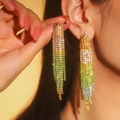 Elegant long tassel clip-on earrings with gold to green gradient crystals for women - 3D Style / Gold Green Gradient