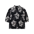 Damesblouse in Zen-stijl in het zwart met wit bloemenborduursel en pofmouwen - XS / Zwart