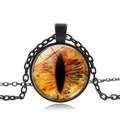 Vintage cat eye necklace with yellow and orange time gem glass pendant on black chain - Black Base - Orange Yellow Eye