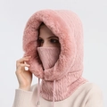 Pink winter thermal knit hood with faux fur trim and adjustable drawstring design - Pink