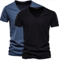 Pack de 2 camisetas de algodón con cuello en V y manga corta en negro y azul jaspe - Azul Marino & Negro / S