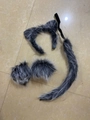 Grey and black plush wolf ears headband with faux fur tail and matching wrist cuffs set - Straight Hair Wolf 4-Piece Set
