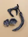 Grey and black plush wolf ears headband with faux fur tail and matching wrist cuffs set - Straight Hair Wolf Four-Piece Set