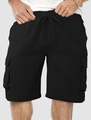 Detail of men's black cargo shorts featuring elastic drawstring waist and large side pockets - S / Black