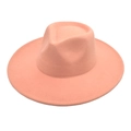 Detail of pink wool fedora hat featuring a teardrop crown and a wide flat brim - M (56-58cm) / Dusty Pink