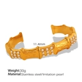 Gold bamboo texture stainless steel open bangle with white imitation pearl inlay - Gold with White Pearl