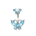 Sparkling silver double butterfly belly ring with blue crystals on white background - Silver Lake Blue Gemstone