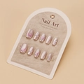 Elegant cat eye press-on nails with pearl accents and white line art on nude pink base - By1706 / Glue Type
