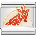 Italian style stainless steel link charm with red enamel giraffe and gold accents - 0009 - White Background With Giraffe And Silver Trim