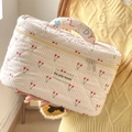Quilted cotton cherry pattern makeup bag with embroidered handle and dual zippers - Red Cherry Makeup Bag (With Handle)