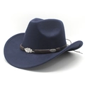 Close-up of dark blue wool cowboy hat with brown braided band and silver leaf metal detail - Navy Blue