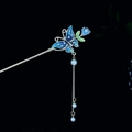 Klassische Schmetterlings-Haarnadel mit blauen Quasten und Strasssteinen im Vintage-Stil - Dunkelblauer Strass Schmetterling Künstliche Perle Quaste Stil (0439)