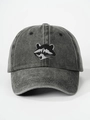 Close-up of raccoon embroidery on grey washed cotton baseball cap with vintage texture - 56-58cm (Adjustable) / Black