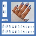 Blue sea salt ripple press-on nails with natural base and long round tips, 24pcs set - Blue Sea Ripples (Glue Style)