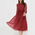 Robe mi-longue rouge foncé à pois blancs pour femmes avec manches longues et ceinture - XS / Rouge Vin à Pois
