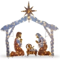 LED lighted Christmas nativity scene lawn decoration with warm gold and blue glow - Warm Gold Blue Silver Style