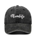 Vintage washed charcoal cotton baseball cap with white embroidered #Momlife script on front - One Size / Black