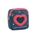 Detail of blue denim square pouch with pink plush heart and embroidered Love you forever - Heart