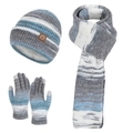 Ensemble d'hiver en tricot avec bonnet rayé, écharpe et gants tactiles pour la chaleur - Ensemble trois pièces / Gris