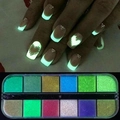 Luminous 12-color nail glitter set showing vibrant glow-in-the-dark fluorescent effects - 12 Compartment Glow-in-the-Dark Powder (HCY)