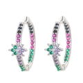 Silver star hoop earrings with colorful zircon stones including red, green, and purple gems - White Gold - Multicolor Zircon