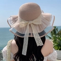 Straw sun hat in pink with white lace ribbon bow and mesh brim for beach vacations - Net Ribbon Pink