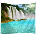 Nature scenery wall tapestry featuring waterfall and green lake on white background - Style 5