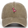Close-up of pink flamingo embroidery on washed khaki vintage style baseball cap - Adjustable / Khaki