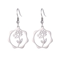 Silver stainless steel birth flower lotus drop earrings with round wave frame design - Steel Color Lotus