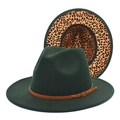 Detail view of dark green wool felt jazz hat with leopard lining and studded leather belt - M (56-58cm) / Dark Green