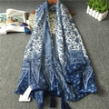 Bohemian blue cotton scarf with floral paisley prints and long silk tassels - S-123 Main Color (Dark Blue White Ethnic Snowflake)