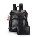 Retro black PU leather backpack for women with matching mini pouch and tassel charm - Black