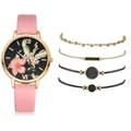 Nahaufnahme einer rosa Lederuhr mit Blumenzifferblatt und vier passenden Armbändern - Armband / Rosa