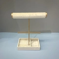 Three-tier gold metal jewelry stand with beige velvet base and earring organizer rack - Square Jewelry Rack