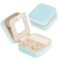 Portable light blue leather jewelry travel case with zipper and mirror for rings and earrings - Zipper Style / Velvet Light Blue