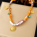 Colorful silk scarf necklace featuring sun and turquoise heart charms in gold finish - Colorful Print Sun Face Style (N3628)