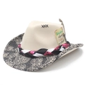 Western gradient cowboy hat with lace brim, decorative feather and woven band detail - M (56-58cm) / Black and White Lace Pattern (Beige) / Beige