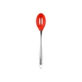 Red silicone slotted spoon with polished stainless steel handle and hanging hook - Slotted Spoon / Red