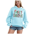 Light blue women's Christmas hoodie with MERRY CHRISTMAS leopard print and drawstring - S / Tops / Light Blue-Merry Christmas