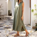 Robe longue sans manches vert armée en coton et lin avec col en V et fentes latérales - S / Vert Militaire
