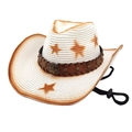 Straw cowboy hat with star prints, leather band and chin cord for outdoor sun protection - Pure White
