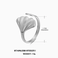 Adjustable leaf open ring in silver stainless steel with detailed ginkgo leaf texture - Steel