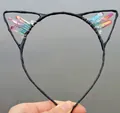 Cat ear crystal crown headband with rainbow iridescent stones and black leather wrap - No.2 Rainbow Crystal
