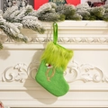 Green knit Grinch Christmas stocking with gold sequin letter Q and festive plush trim - Letter Q