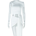 Detail of white two-piece set featuring a cropped one-shoulder top and draped mini skirt - S / White
